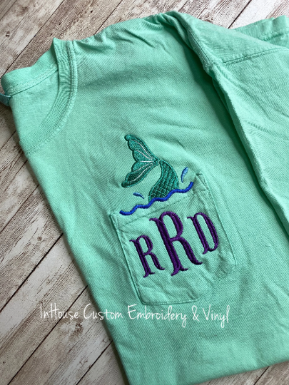 Mermaid Tail Monogram Embroidered Pocket Tee