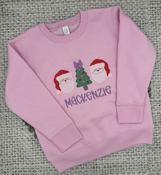 Christmas Sweatshirt | Santa, Bow Tree, Santa | Embroidered